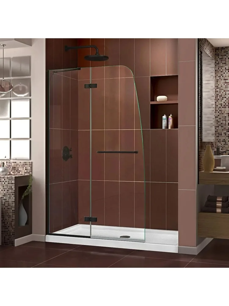 Frameless hinged shower door, matte black, 8mm thick, transparent tempered glass, frameless curved