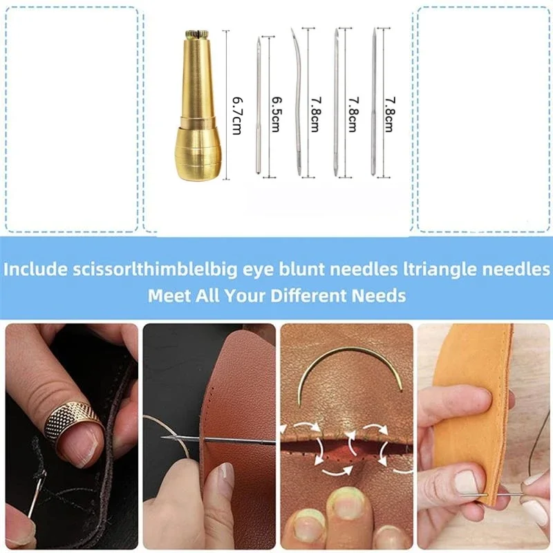 가죽 재봉 키트 DIY 가죽 재봉 송곳 바늘, 구리 손잡이 세트, 가죽 캔버스 텐트 신발 수리 도구, 나일론 실 포함