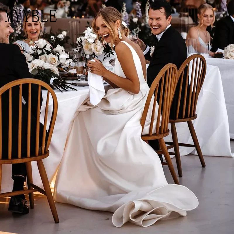 Wedding Dresses MYYBLE Made Sexy Side Slit Satin Bridal Gowns V Neck Open Back A-Line Plus Size Wedding Dresses Bride Dress