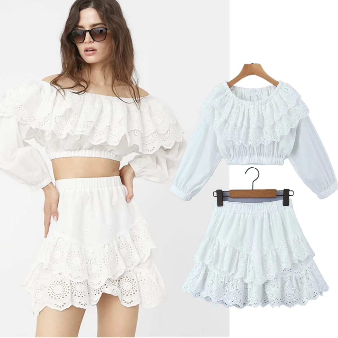 Dave&Di Bohemian Vintage Sets Women Lace Ruffles Tops Cotton Blouse Indie Folk Cascading Sjirt Casual