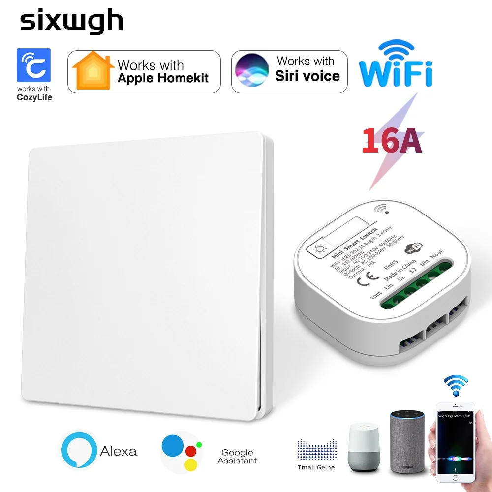 Interruptor Sixwgh Smart Wifi Compatível com Homekit Alexa Assistente do Google Controle de Voz Siri Interruptor de Botão sem Fio