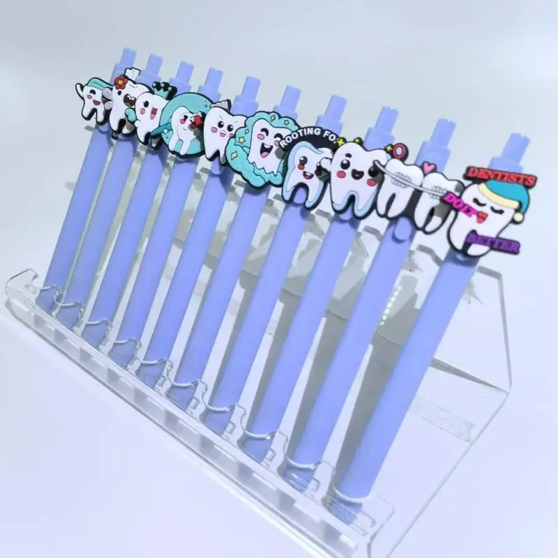 ● 10Pcs 블루 시리즈 개폐식 젤 펜 치과 의사 치아 테마 소프트 젤 펜 스마일 치아 시리즈 볼펜 학생 문구