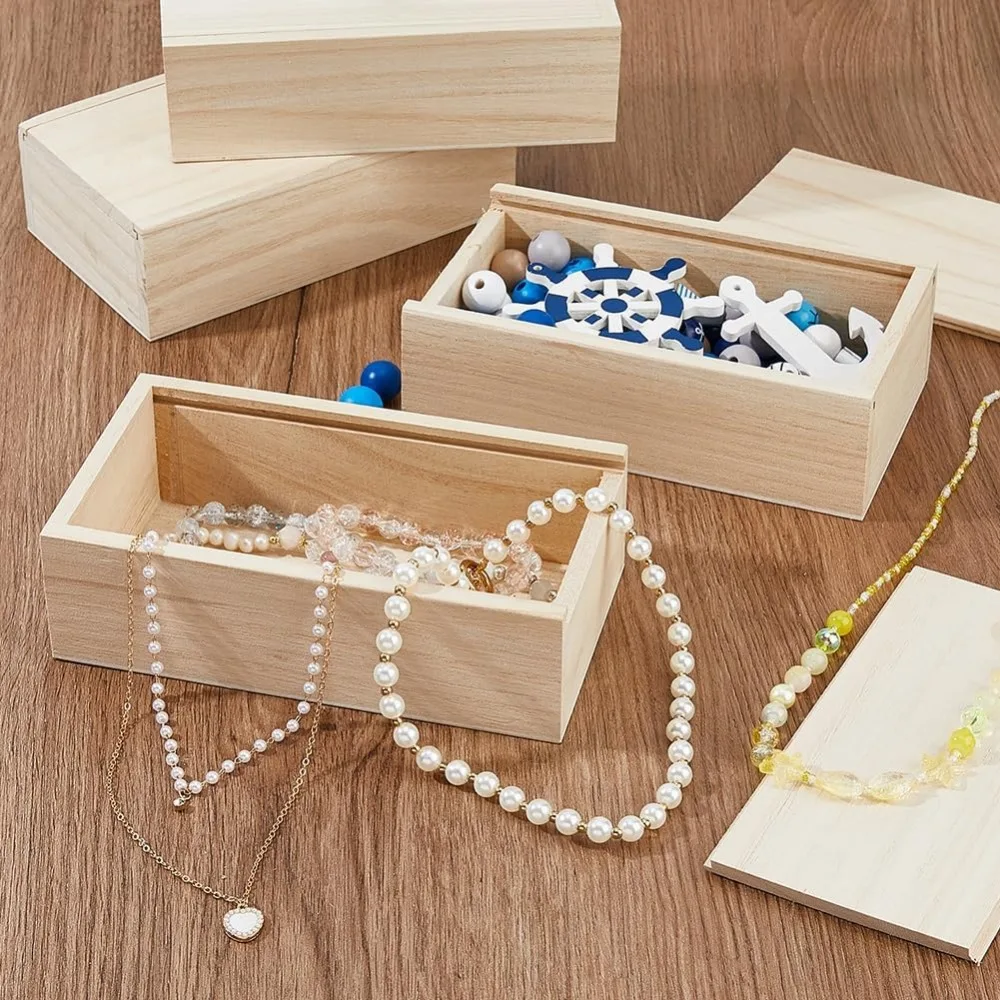 6Pcs Wood Box with Slide Lid 6.6x3.7inch Unfinished Wooden Storage Box Small Wooden Trinket Storage with Slide Top