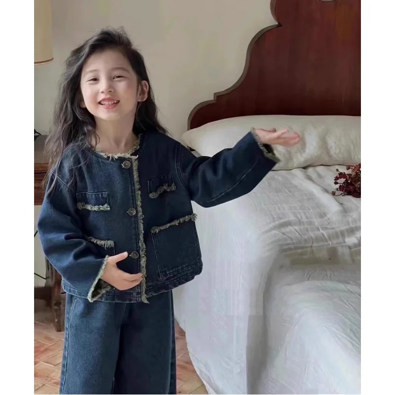 

Girls' Denim Suit Autumn and Winter 2023 Washed Denim Long-Sleeved Tops Wide Leg Jeans 2-Piece Girl Coat