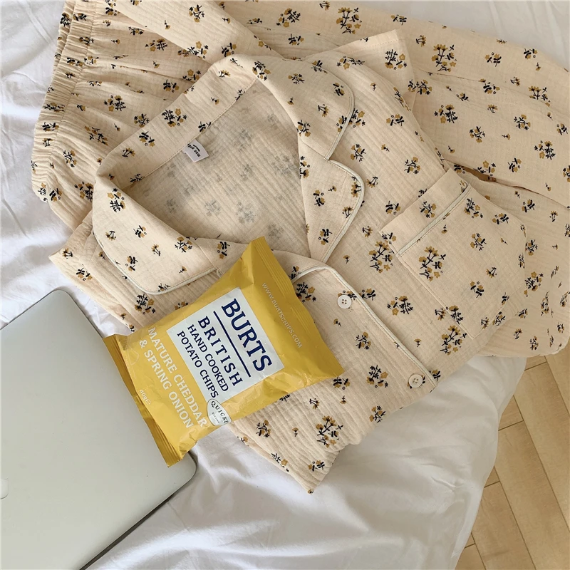 Floral Print Autumn Pajamas Set Women Single Breasted Shirts + Trousers Set Cotton Two Piece Home Suit Vintage Pockets Sleepwear