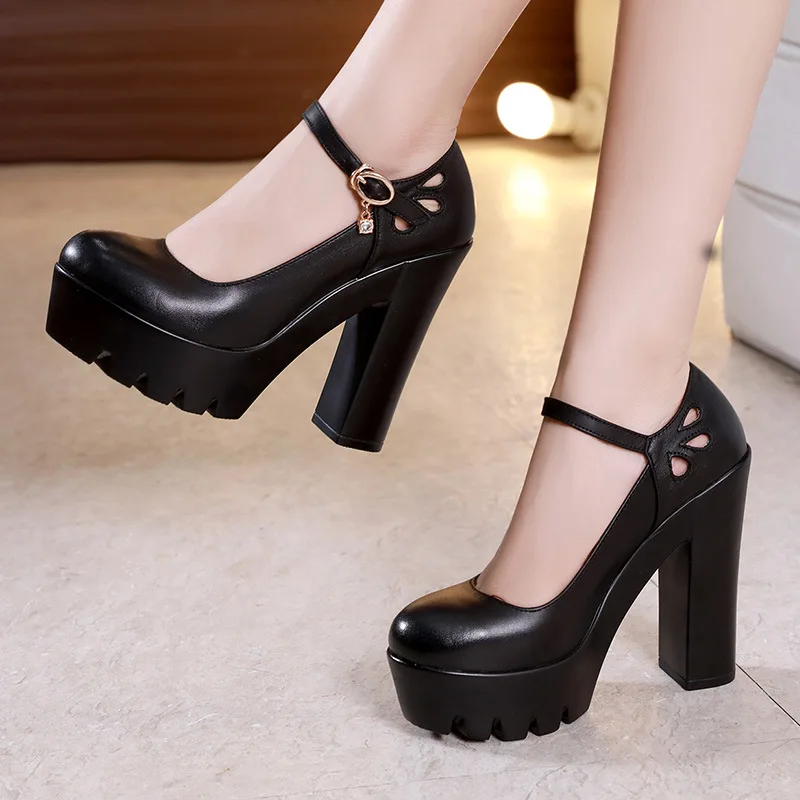 Women Platform High Heels Patent Leather Block Heel Shoes Round Toe Sandal Party