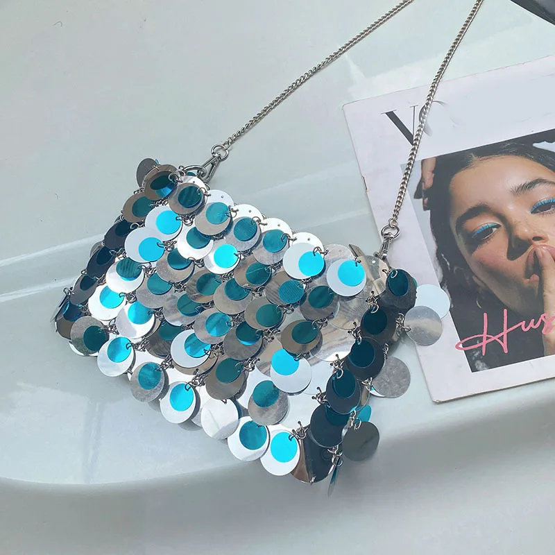 Luxury Women Bags Designer Silver Metal Sequins Chain Woven Bag Evening Bags Clutch Female Travel Holiday Shoulder Bag Handbag