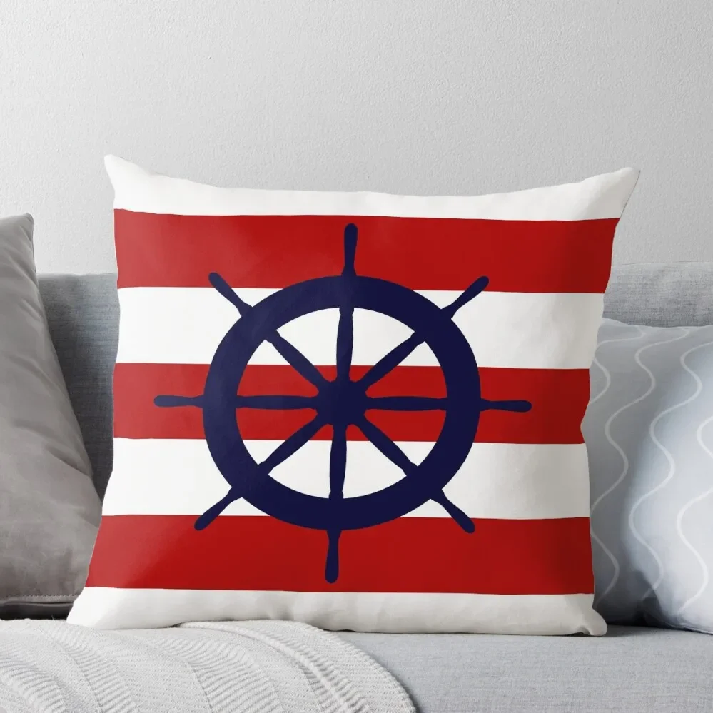 

Nautical Navy Blue Ship's Steering Wheel On Red Stripes Throw Pillow Decorative Sofa Cushion Decorative pillow case
