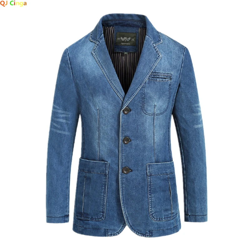 Autumn Blue Men's Denim Suit Jacket, Single-breasted V-neck Casual Coats, Black Gray Blazers S-XXXXL