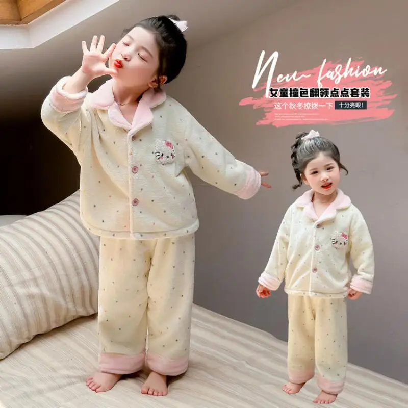 حار سانريو فتاة بيجامة مجموعة مرحبا كيتي Kawaii أنيمي الشتاء الطفل الدفء القمم السراويل الطويلة ملابس الأطفال 2 قطعة مجموعة جديد