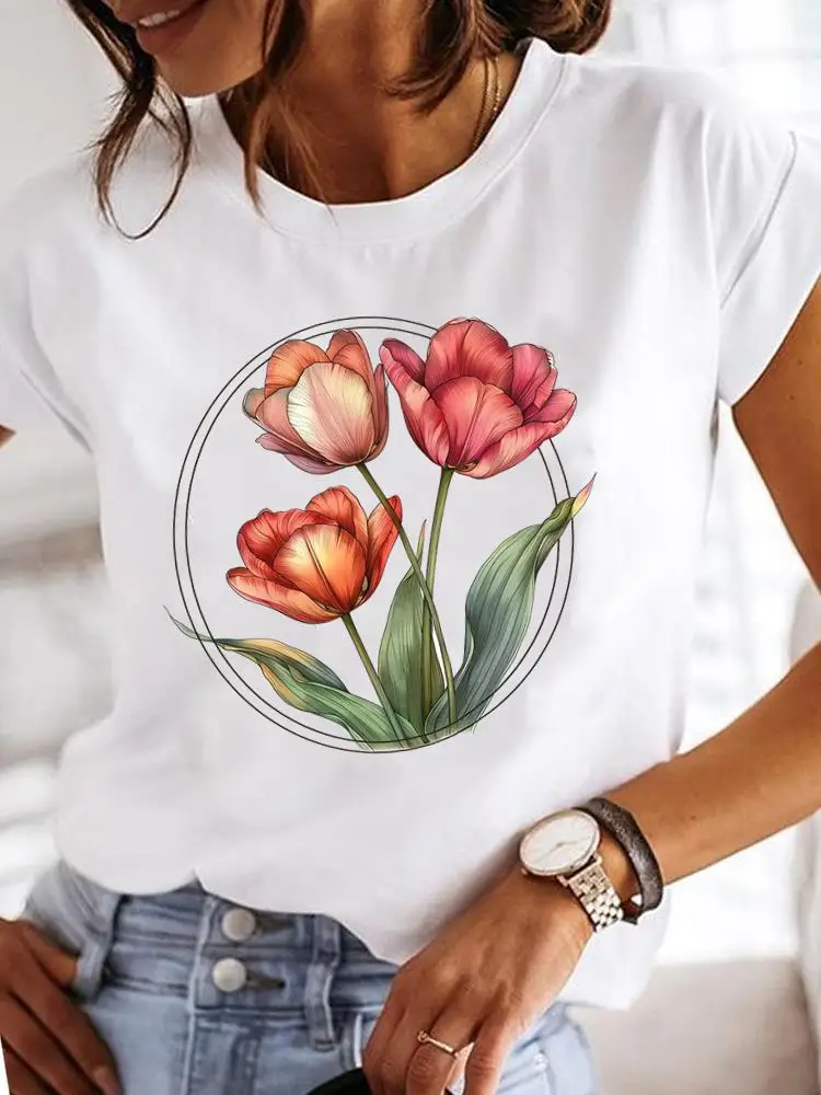 Clothes T Female Clothing For Women Graphic Tee Fashion Lady Sweet Flower 90s Casual Top O-neck Short Sleeve Print T-shirts