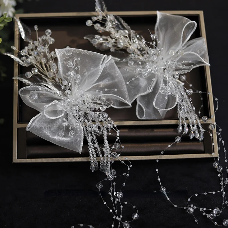 Silk Yarn Beaded Crystal Bridal Headdress Super Fairy Beauty Wedding Hair Clip Wedding Accessories