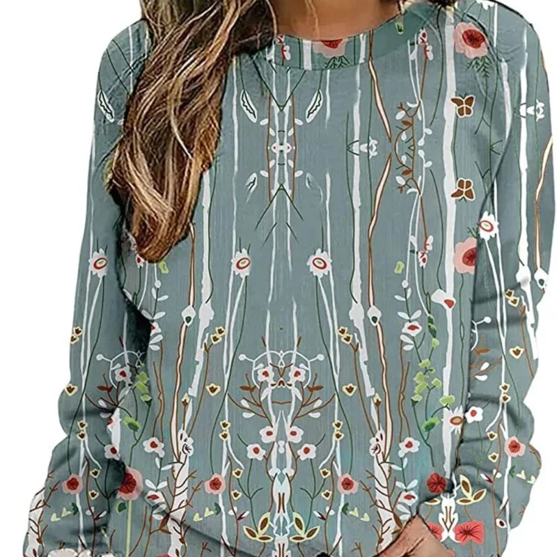 

Spring and Autumn Women's Pullover Round Neck Plant&Flowers Print Gradient Lantern Long Sleeve Fashion Casual Office Lady Tops