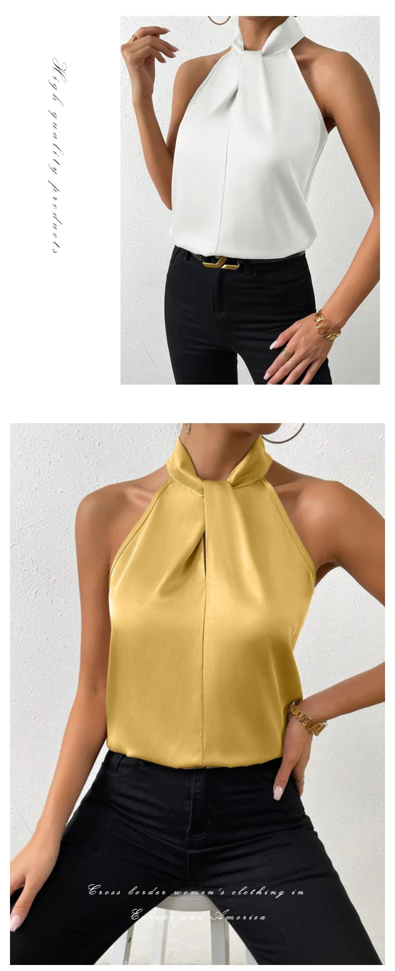 2025 Summer New Women's Vest Halter Neck Satin 20 Colors Sexy Elegant Fashion Top Office Turtleneck Sleeveless Shirt