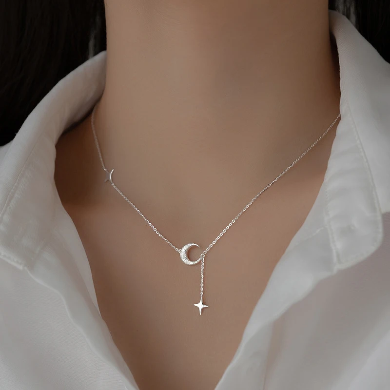 

s925 Sterling Silver Frosted Moon Star Ladies Pendant Clavicle Chain Simple Small Design Necklace Women's clavicle chain