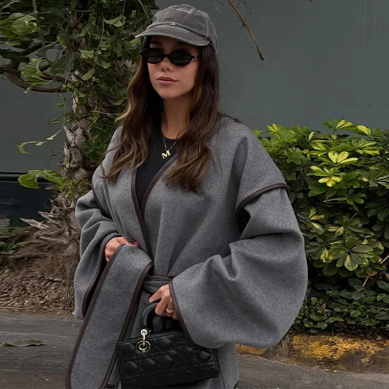 Elegant Patchwork Belt Women's Coats Women Contrast V-neck Long Sleeve Pocket Female Overcoats Autumn Lady New in Outwear