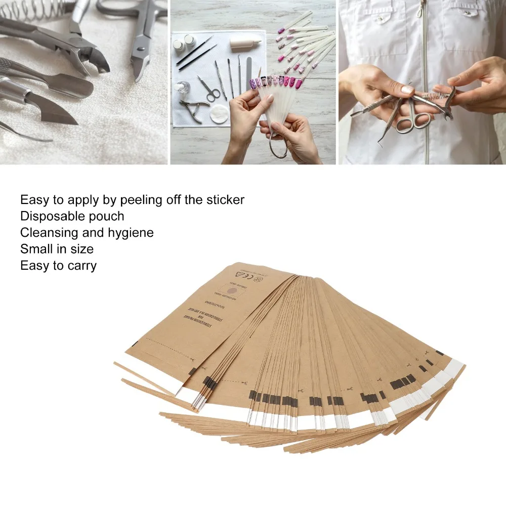 100PCS 크래프트 종이 살균 파우치 일회용 멸균 가능 자체 밀봉 파우치 네일 아트 도구 가방 네일 케어 서비스