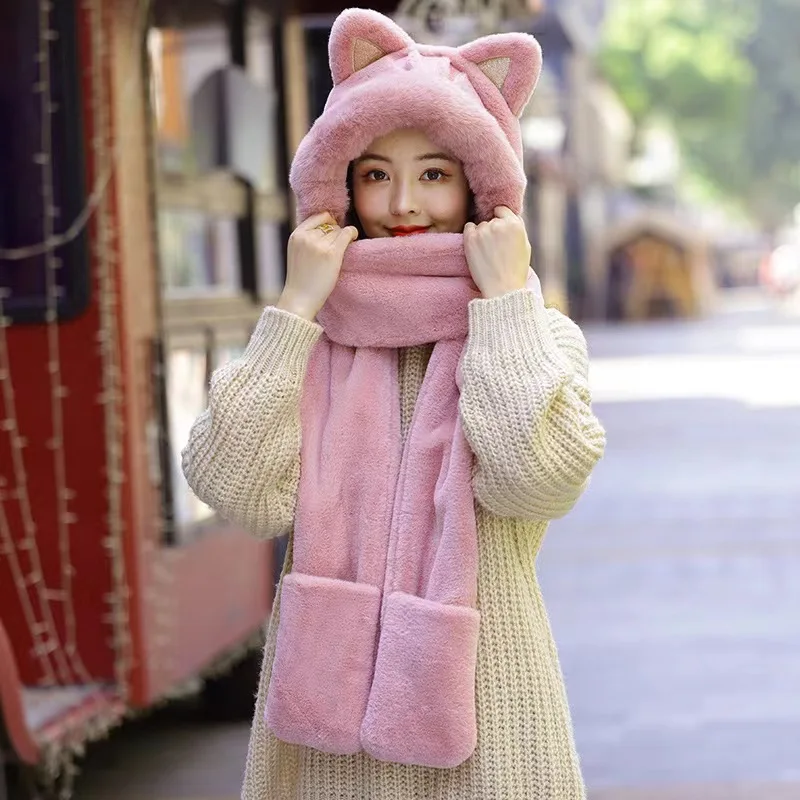 New Cat Plush Hat Scarf Gloves Three Piece One Piece Hat Women's Versatile Fall Winter Thickened Warm 6