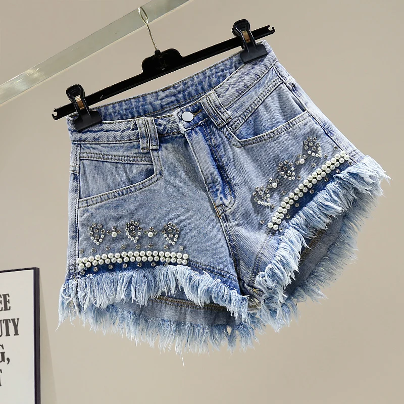 Chic Beads Diamond Irregular Raw Hem Wide-Leg A- Line Denim Shorts Hot Pants Women Korean High Waist Slimming Pink Shorts Jeans