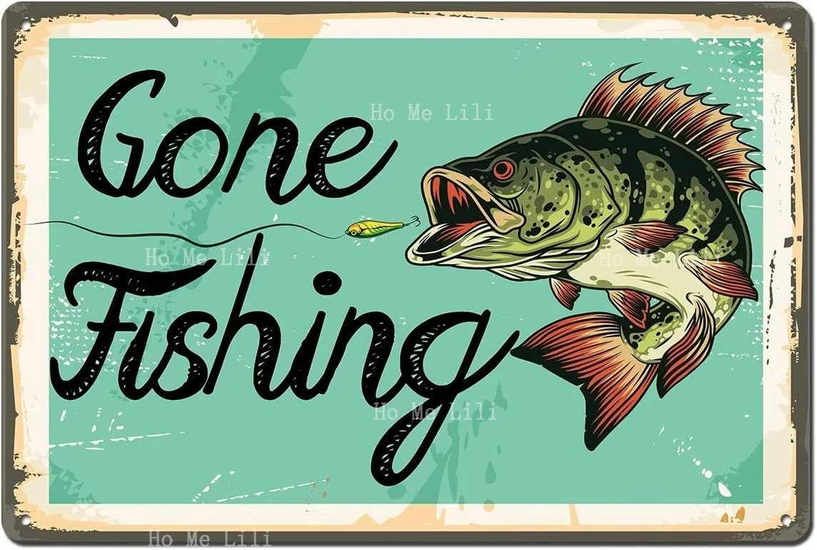Gone Fishing Signs Vintage Christmas Decorations Tin Metal Sign