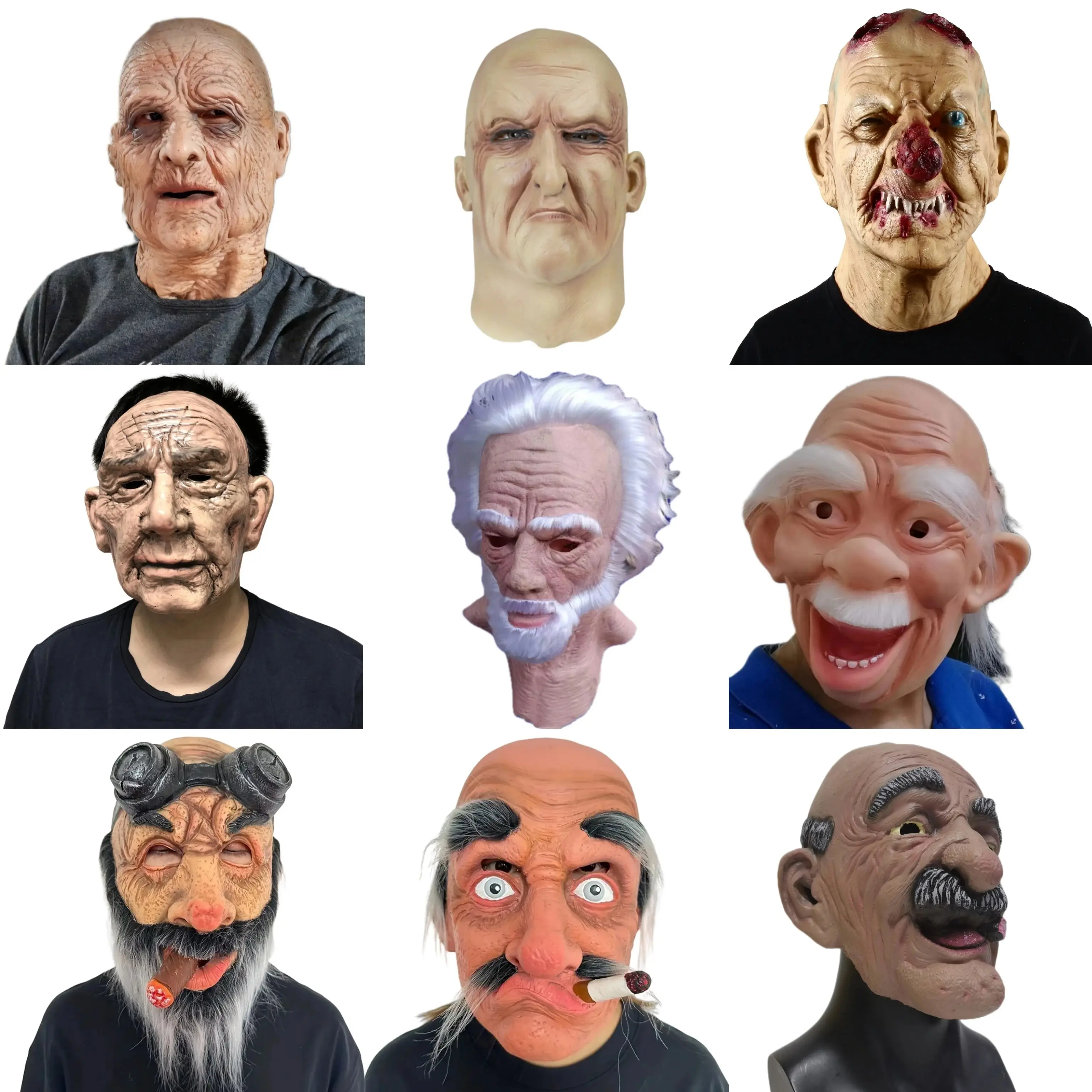 

Simulated full set old man mask white haired boss smoking cigars role-playing mask Halloween party decoration props