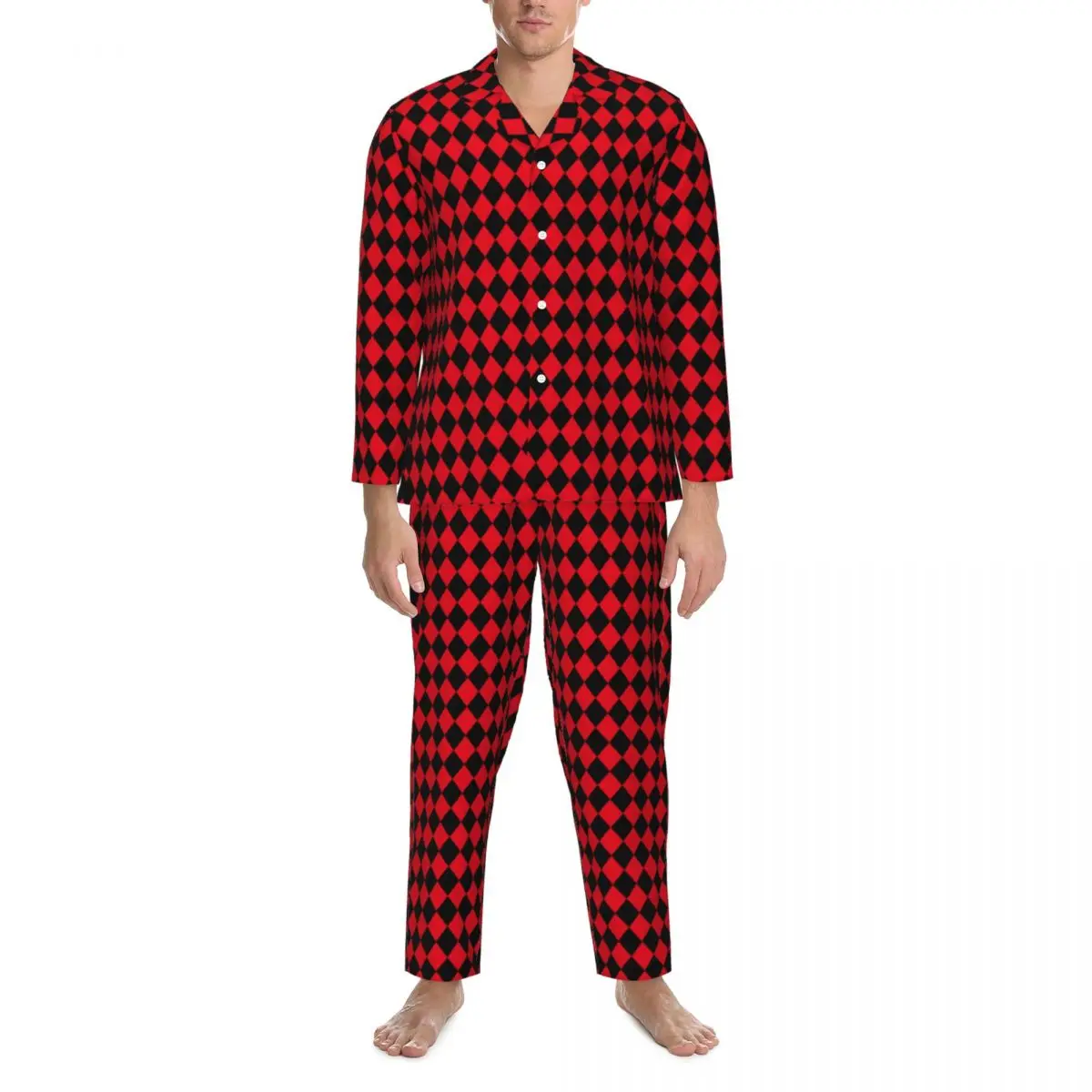 

Geometric Pajama Sets Autumn Black And Red Plaid Cute Soft Bedroom Sleepwear Couple Two Piece Retro Oversize Design Nightwear