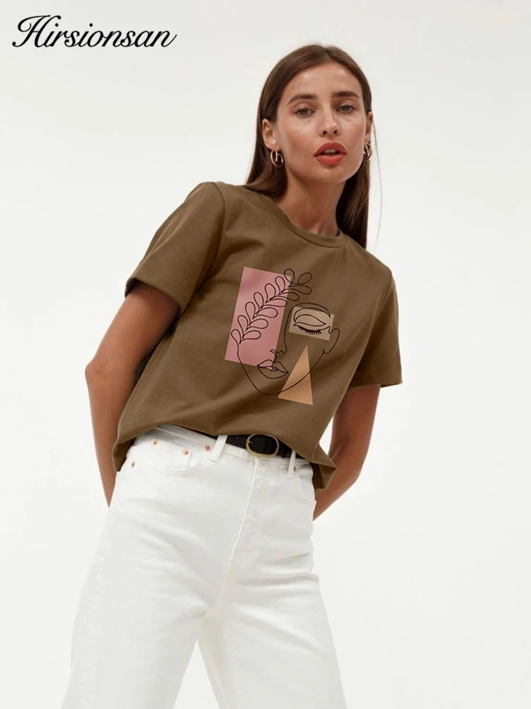 Hirsionsan estetická povaha potištěné T košile ženy vintage měkké léto bavlna základní volné tees iny ležérní módní ženské topy