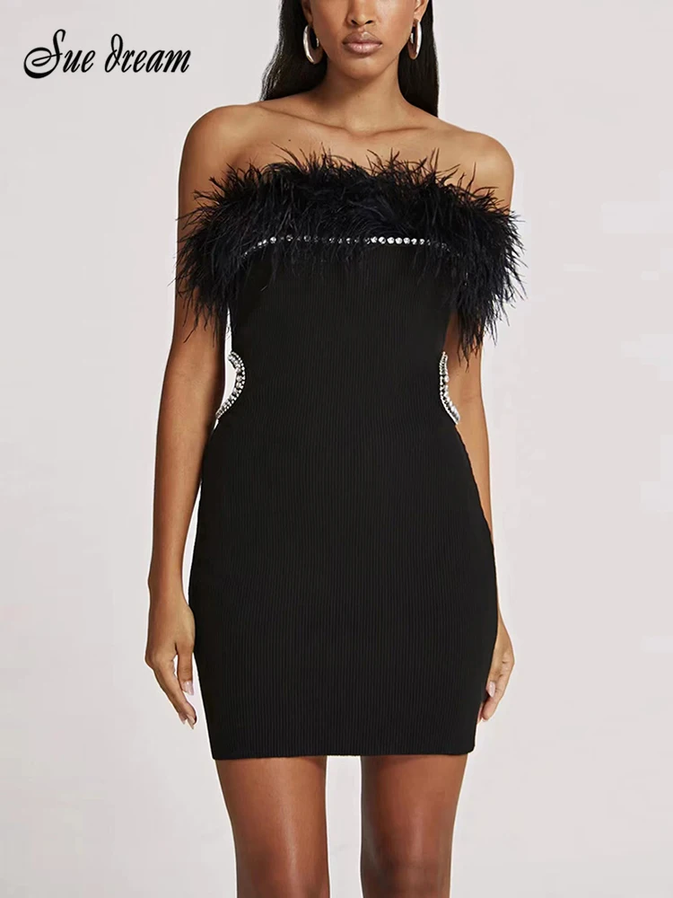 

Women Summer Sexy Strapless Backless Beading Feather Black Mini Bodycon Bandage Dress 2023 Elegant Evening Party Dresses