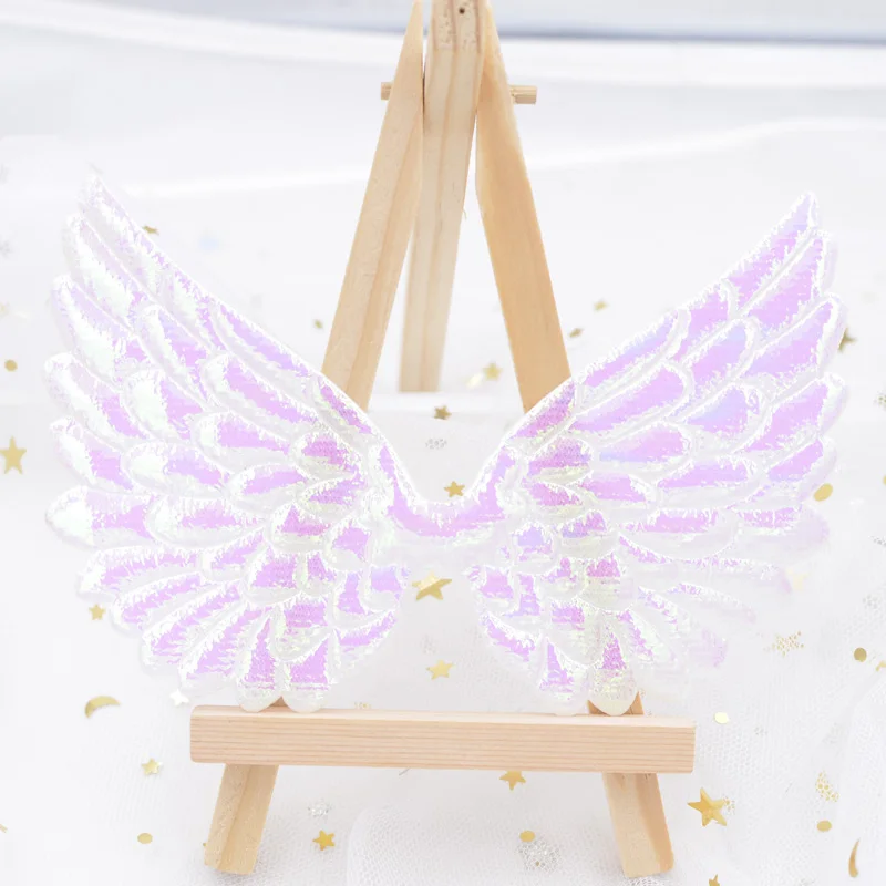 20 Stück 13 cm Glitzer AB weiße Engelsflügel-Applikationen, doppelseitig, schillernder Amor-Flügel, Feenflügel-Patches für Haarschleifen-Ornament