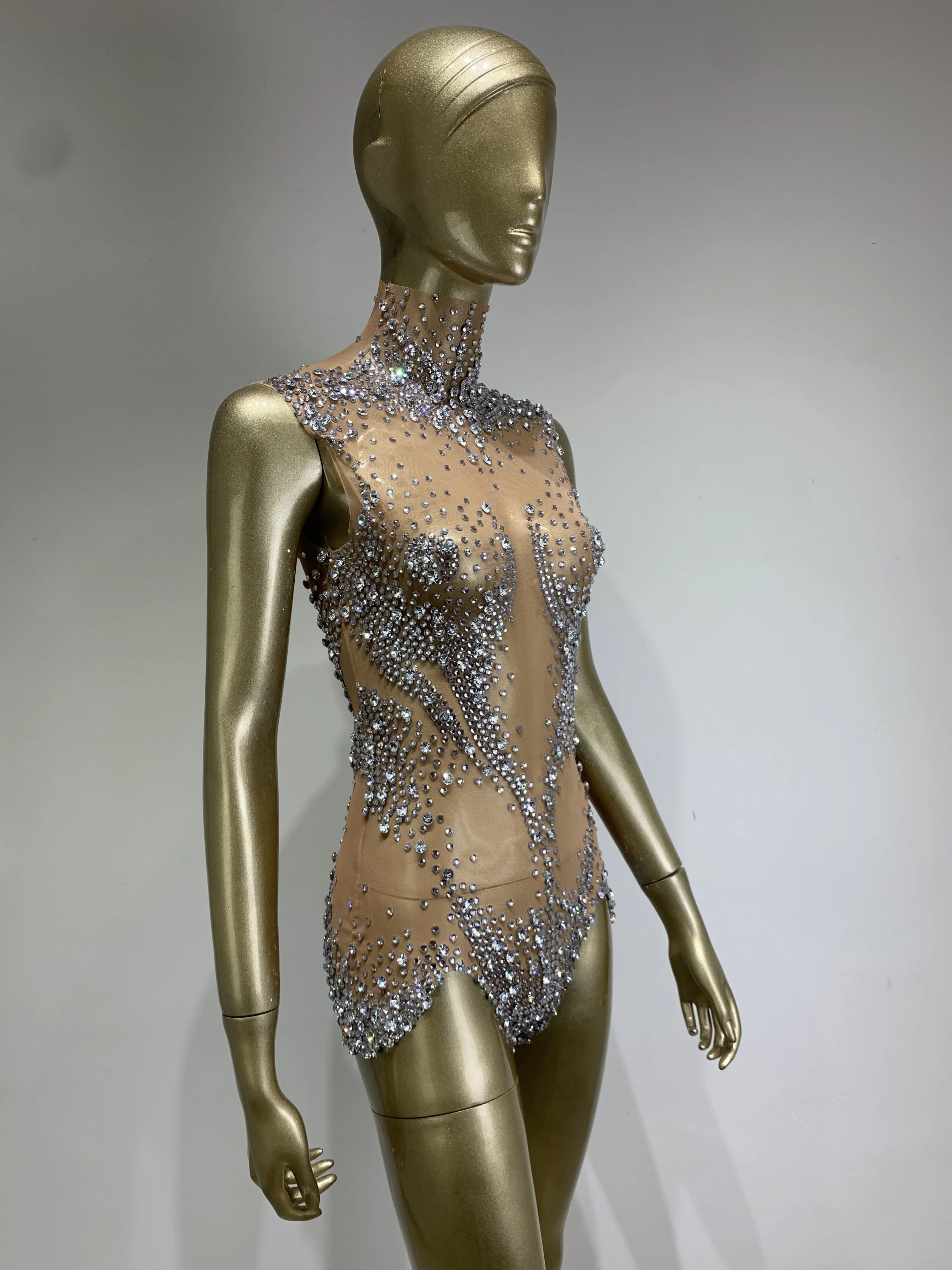 Women Sexy Sparkly Silvery Rhinestones Mesh Stretch Bodysuit Performance Dance Costume Nightclub Party Singer Dancer Stage Wear