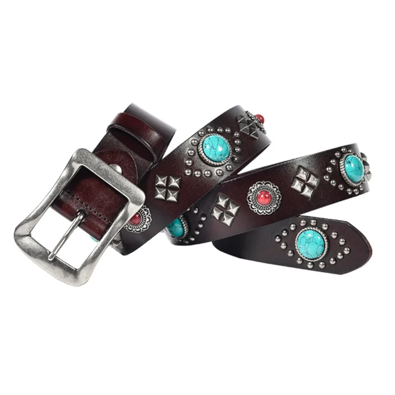 

2023 New 3.5cm Wide rivet turquoise ruby inlaid Belt for Men and Women