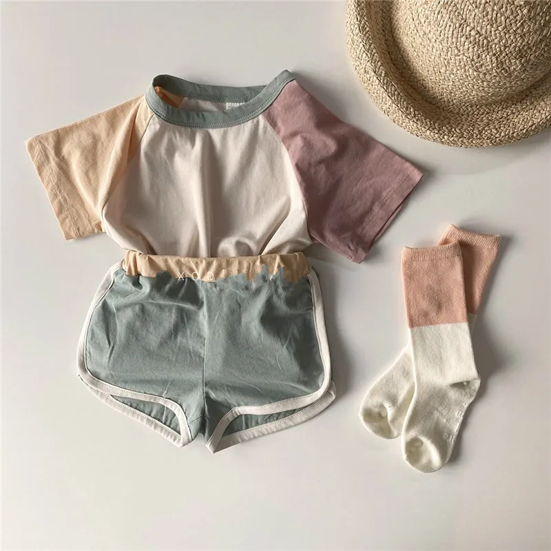 

3812 Korean Boys And Girls Clothing Set Children's Lovely Sports Suit Patchwork Sleeve T Shirt +Short Baby Kids 2 Pieces Suit