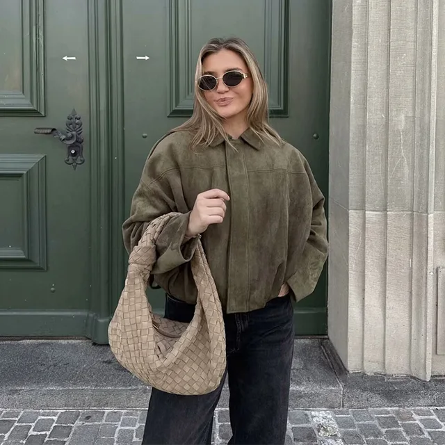 Women's Bomber Jackets Coats Fashion Turn-down Collar Long Sleeve Loose Coats Vintage Female Outerwear Chic Tops 2