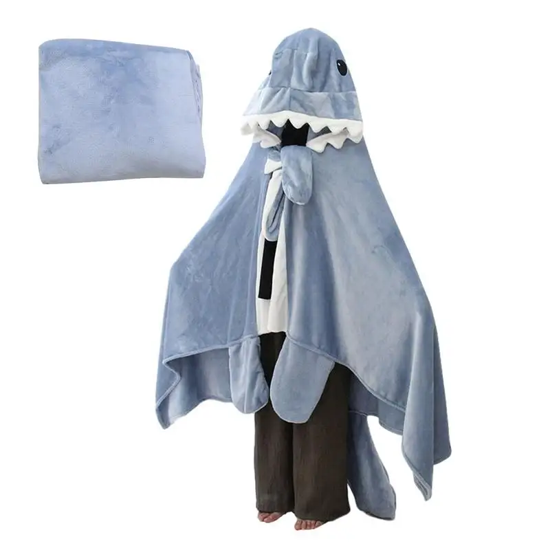 

Wearable Shark Blanket Cozy Costume Cape Shawl Cartoon Animals Cosplay Hooded Cloak Blue Shark Flannel Hoodie Blanket For Girls