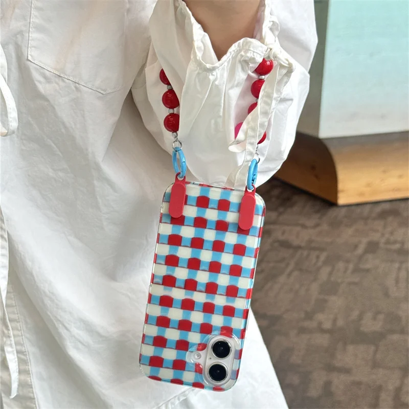 Niche Red and Blue Plaid Wrist Chain Phone Case - Best Friend Gift
