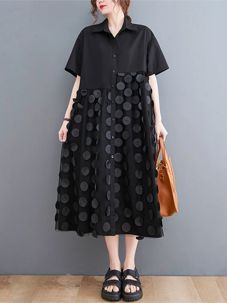 Black Mesh Spliced Polka Dot Summer Shirt Dress Women New Short Sleeve Loose Casual Fashion Long Dress Elegant Clothes 2025