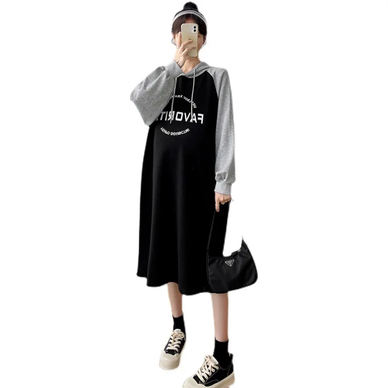 

Autumn and Winter Plus Size Pregnant Women Cotton Dress Letters Printed Maternity Fleece Dress Block Color Patchwork Dress Loose