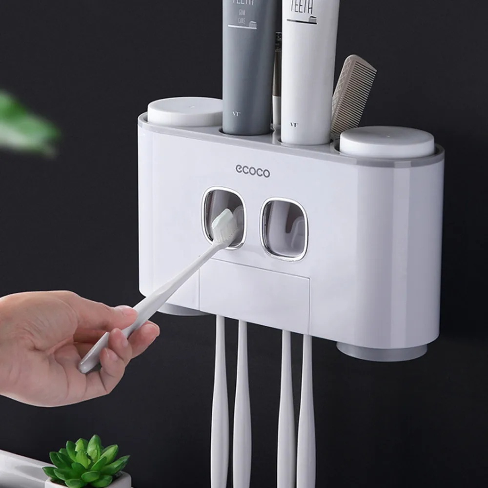 

Ecoco Wall-Mounted Automatic Toothpaste Squeezer Dispenser Toothbrush Holder Storage Rack with 4 Cups For Bathroom Accessories