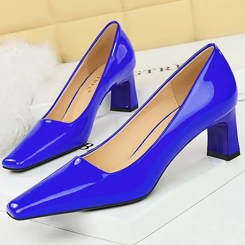 Women 6cm High Heels Heels Green Blue Nude Burgundy Low Square Lady Bling Glossy Leather Wedding Evening Party Shoes