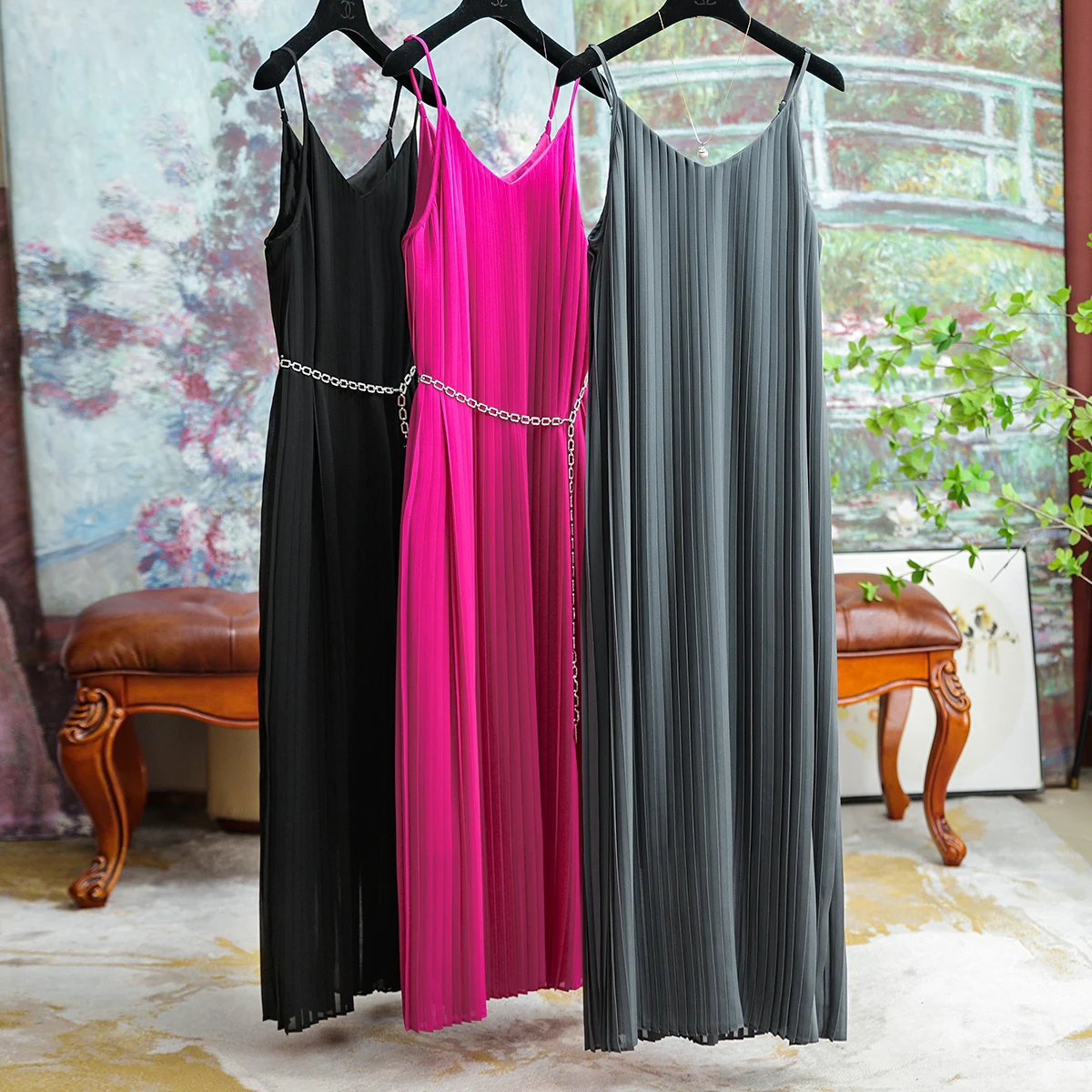 

Casual Clothing Fashionable High Organ Pleat Halter Dress Temperament Elegant Simple Long Dress Office Ladies Women Clothing