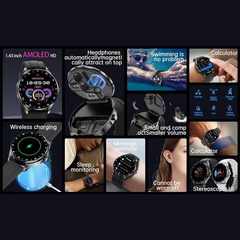 2026 TWS 2-in-1 Bluetooth Earphones Smart Watch 1.43inch 466 * 466 AMOLED Heart Rate Health Monitoring BT Call IP68 waterproof 2
