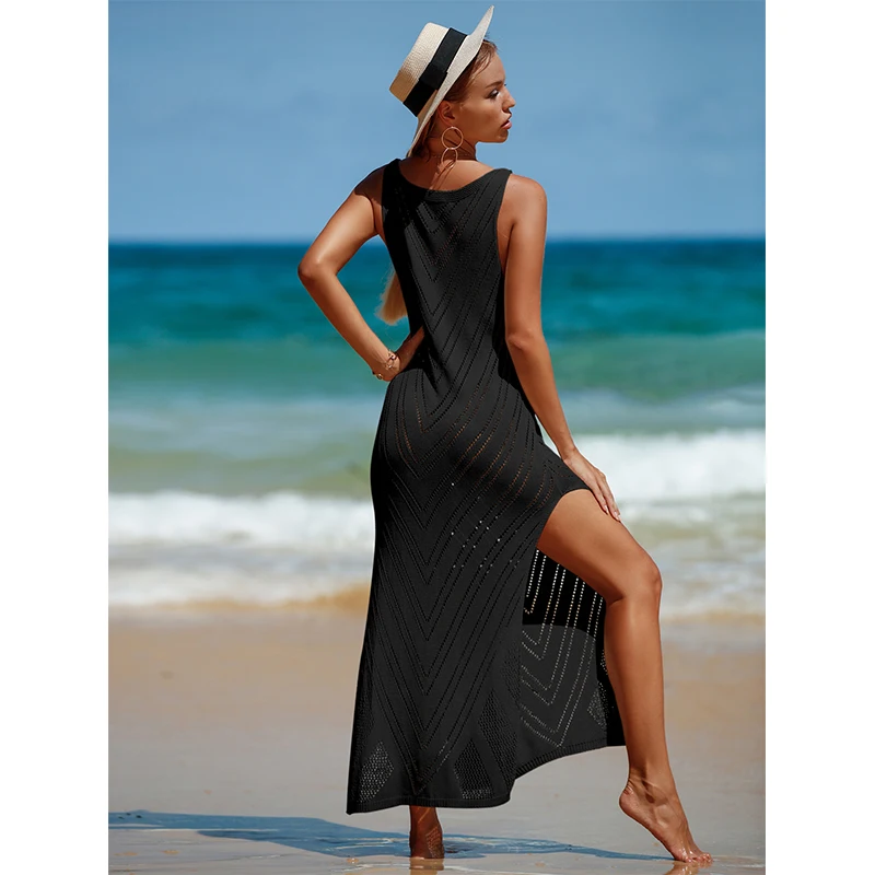 Knitted Long Beach Dress White Sleeveless Tank Top Women's Summer Crochet Dress Outerwear For Beach Swimsuit Cover Up Beachwear