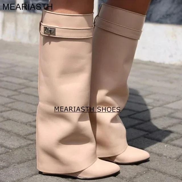 Genuine Leather Shark Lock Boots Metal Decor Belt Knee High Botas Mujer Increase Height Wedges Women's Shoes Ladies Knee Boots