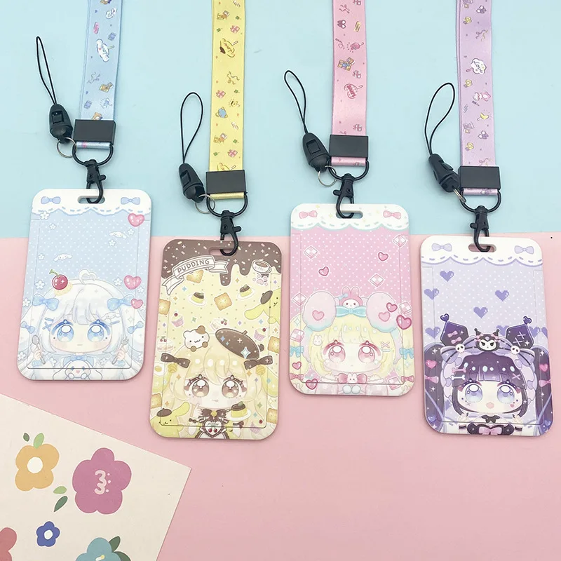 Kawaii Girls Badge Holder Cartoon Design Key Chain Ring Photo Kids Name Pass Credit Card ID Holder Cover Protector with Lanyard