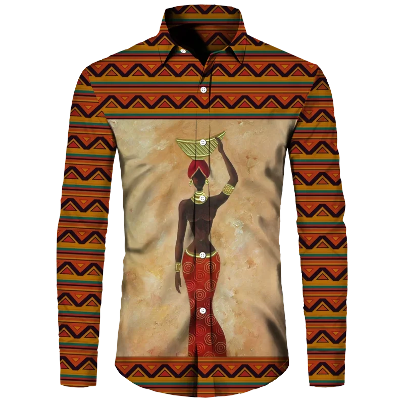 thumbnail image 1 of Camisas de manga larga con botones y estampado 3D de estilo étnico africano para hombres y mujeres, camisetas Dashiki folclóricas personalizadas, ropa vintage para parejas, 1 of 5