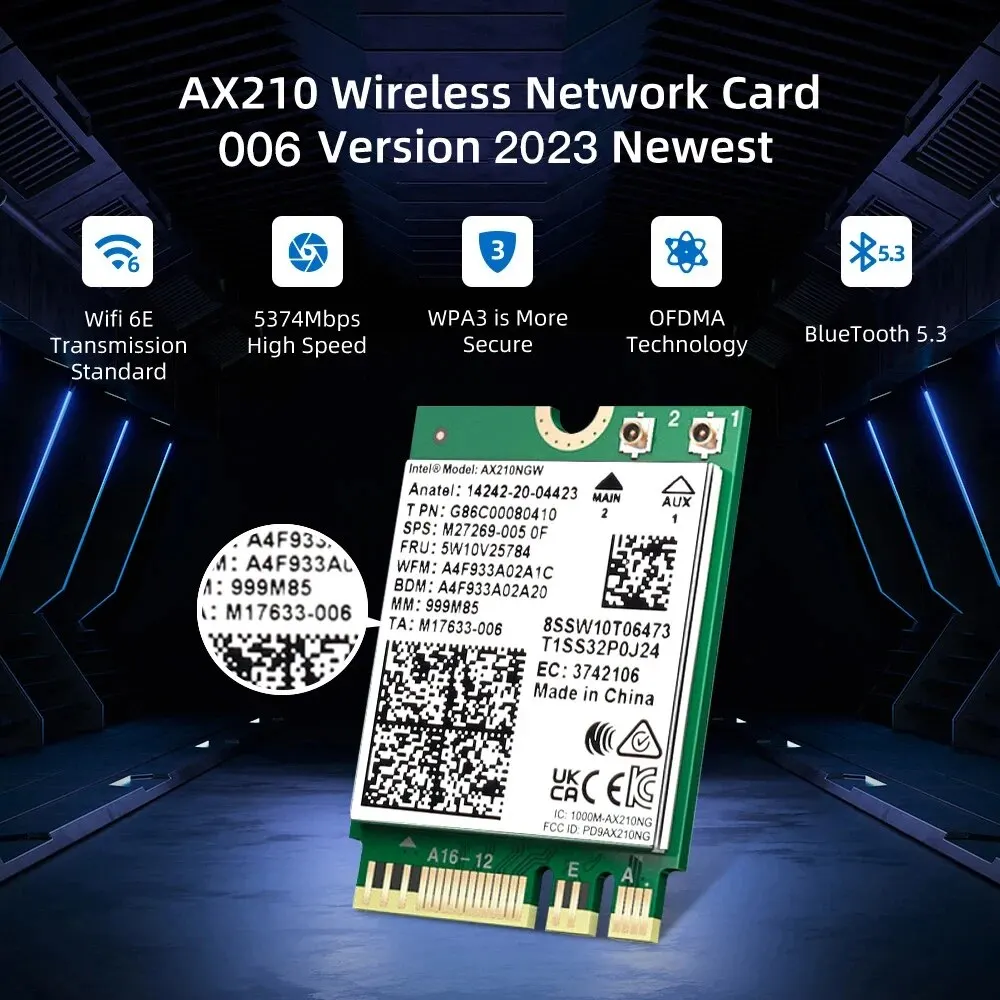 Wi-Fi 6E AX210NGW NGFF беспроводной адаптер Bluetooth 5,3 WiFi6 5374 Мбит/с 2,4G/Φ/6 ГГц 802.11AX для настольного компьютера/ноутбука для Win10/11