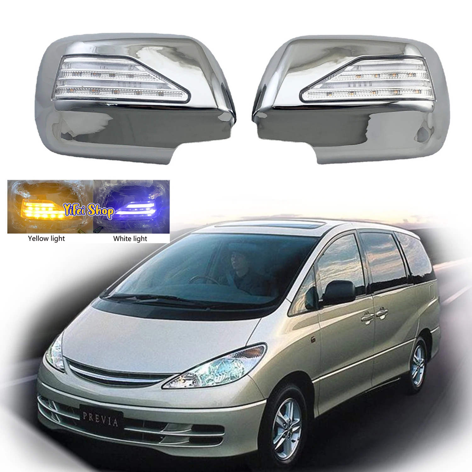 

2pcs Novel Style Car Chrome Accessories Plated Trim 1998 2000 2003 2005 For Toyota PREVIA Door Mirror Cover With LED