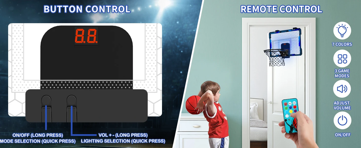 Remote Control Basketball Hoop Indoor with 7 LED Lighting, Over Door Basketball Hoop, Basketball Toys Gift for Kids, Adults