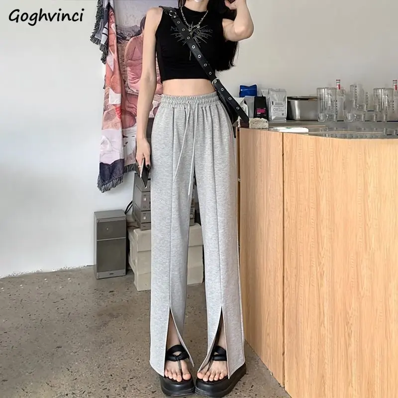 

Sporty Slit Pants Women Loose Simple Full Length Casual High Waist All-match Summer New Korean Style Streetwear Young Prevalent