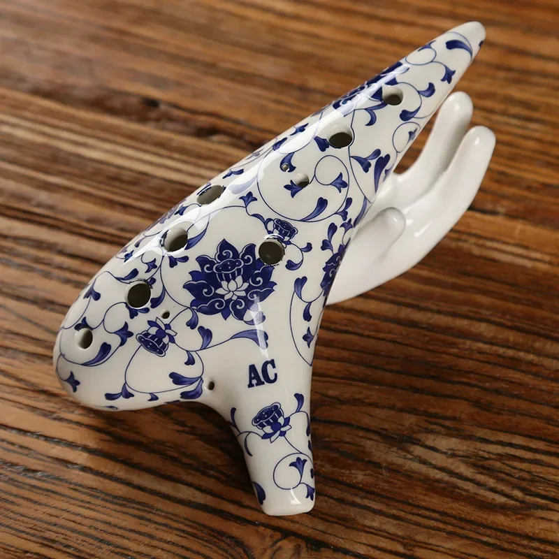 Ceramic Ocarina 12 Hole Classic Celadon Flower Pattern Alto AC Tones Chinese Flute Colored Glaze Handmade Tao Music Instrument